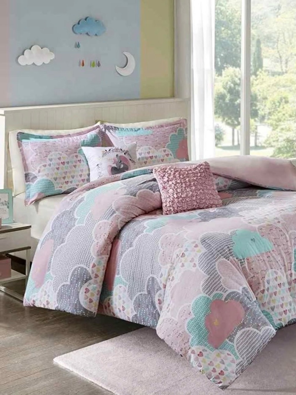 Pastel Cloud Print Duvet Cover Set - Pink & Aqua